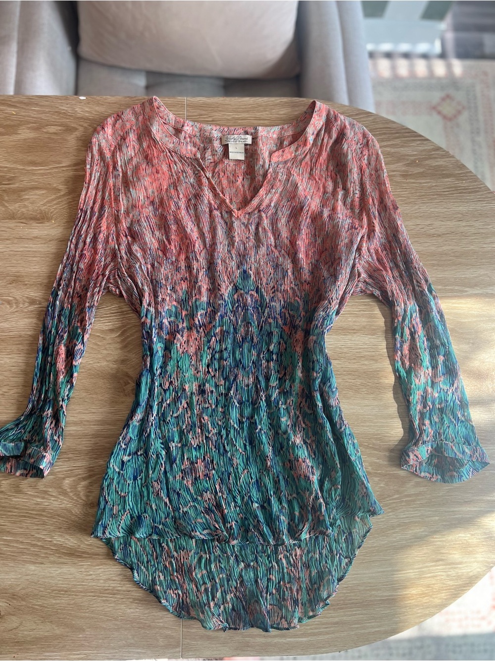 Lucky Brand Crinkle Long Sleeve Top in Teal & Coral